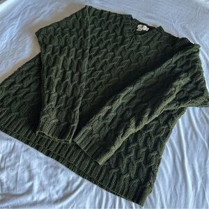 J.Crew XL Deep Forest Green Cable Knit V-Neck Sweater Linen Cotton